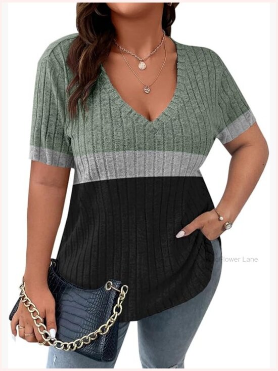 Tops - Plus Size V Neck Tunic Top Short Sleeve Lightweight Blouse for Women